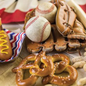 baseball glove corn dog and pretzels