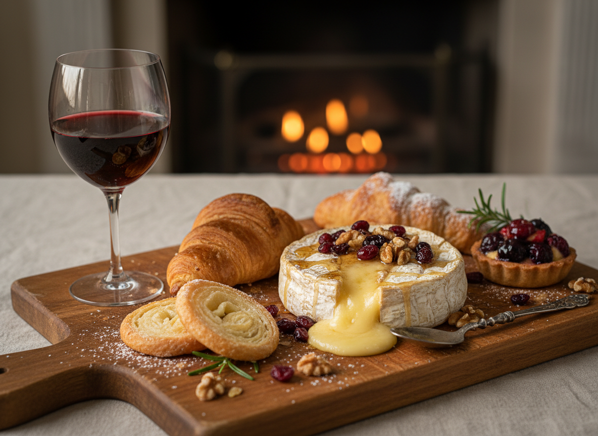 wine, baked brie, and pastries close up